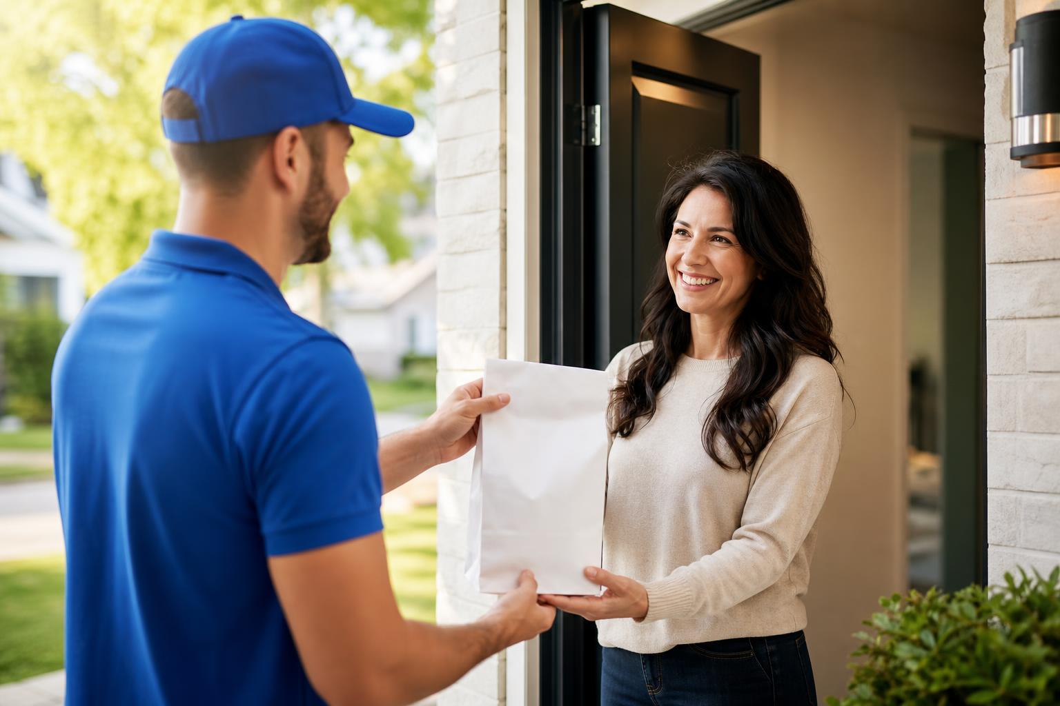 A Pills2Me delivery driver handing a prescription bag to a smiling customer at her door