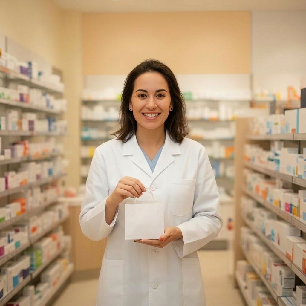 A Pills2Me pharmacist holding a prescription delivery bag